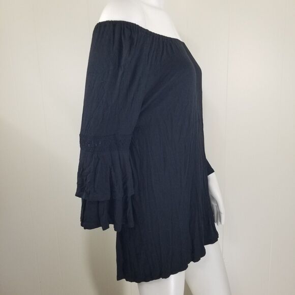 The Hanger blouse Large Black Off Shoulder tunic bell sleeve Peasant Soft Sexy - Picture 5 of 9